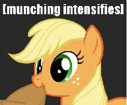Size: 390x324 | Tagged: safe, artist:mixermike622, applejack, earth pony, pony, pink fluffy unicorns dancing on rainbows, g4, :t, animated, chewing, cute, descriptive noise, extreme speed animation, female, gif, hat, jackabetes, nibbling, nom, silly, silly pony, smiling, solo, who's a silly pony, x intensifies, youtube link