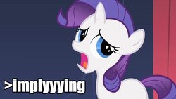 Size: 600x338 | Tagged: safe, rarity, g4, female, filly, image macro, implying, reaction image, solo