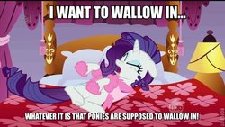 Size: 600x338 | Tagged: safe, edit, edited screencap, screencap, rarity, g4, suited for success, bed, clothes, eyes closed, female, floppy ears, image macro, marshmelodrama, nose wrinkle, quote, robe, slippers, solo