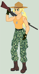 Size: 600x1123 | Tagged: safe, artist:anonimounanime, applejack, human, g4, camouflage, clothes, dog tags, female, gun, humanized, military, simple background, solo, weapon