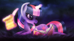 Size: 900x506 | Tagged: safe, artist:macalaniaa, twilight sparkle, g4, book, female, quill, reading, scroll, solo, writing