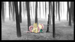 Size: 2748x1564 | Tagged: dead source, safe, artist:lova-gardelius, fluttershy, pegasus, pony, g4, crying, dead tree, female, mare, solo, tree, watering can