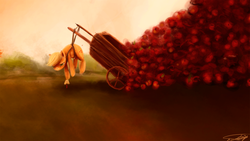 Size: 1800x1013 | Tagged: safe, artist:netkarma, applejack, g4, apple, cart, pile, size difference, surreal, suspended, working