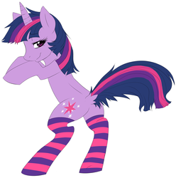 Size: 2033x2051 | Tagged: safe, artist:mixipony, twilight sparkle, pony, unicorn, g4, butt, clothes, dock, female, messy mane, plot, socks, solo, striped socks, tail wag