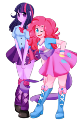 Size: 727x1100 | Tagged: safe, artist:pastelbits, pinkie pie, twilight sparkle, equestria girls, g4, my little pony equestria girls, balloon, boots, bracelet, clothes, female, high heel boots, jewelry, lesbian, looking at you, ship:twinkie, shipping, skirt