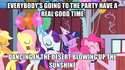 Size: 624x353 | Tagged: safe, edit, edited screencap, screencap, applejack, fluttershy, pinkie pie, rarity, twilight sparkle, g4, party of one, b.y.o.b, butt touch, conga, hoof on butt, lyrics, song reference, system of a down