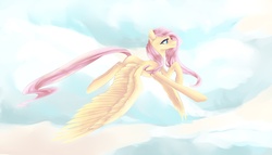 Size: 3500x2000 | Tagged: safe, artist:edahi, fluttershy, pegasus, pony, g4, cloud, female, flying, mare, smiling, solo