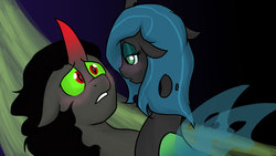 Size: 1366x768 | Tagged: safe, artist:riquis101, king sombra, queen chrysalis, changeling, changeling queen, pony, unicorn, g4, blushing, female, male, ship:chrysombra, shipping, straight