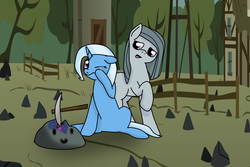 Size: 1024x683 | Tagged: safe, artist:sylver-unicorn, marble pie, trixie, g4, crying, female, lesbian, pickaxe, rock farm, shipping, trinkie