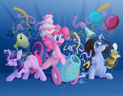 Size: 1061x827 | Tagged: safe, artist:foolyguy, pinkie pie, twilight sparkle, oc, g4, balloon, beer, cake, dancing, glasses, gramophone, hat, party, party cannon, party hat, streamers, tongue out