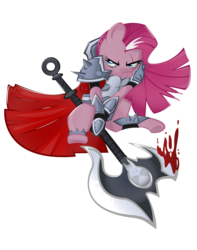 Size: 4500x5700 | Tagged: safe, artist:ostichristian, pinkie pie, g4, absurd resolution, armor, axe, battle axe, blood, clothes, crossover, darius, female, league of legends, pinkamena diane pie, simple background, solo, transparent background