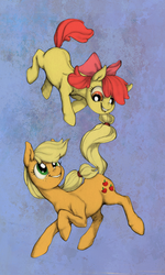 Size: 540x900 | Tagged: safe, artist:purmu, artist:scarletvye, apple bloom, applejack, g4