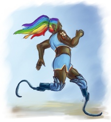 Size: 609x667 | Tagged: safe, artist:nineprotons, rainbow dash, human, g4, amputee, female, humanized, prosthetics, solo