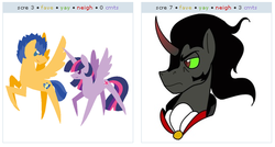 Size: 530x284 | Tagged: safe, artist:imtailsthefoxfan, flash sentry, king sombra, twilight sparkle, alicorn, pony, equestria girls, g4, my little pony equestria girls, equestria girls ponified, exploitable meme, female, juxtaposition, juxtaposition win, male, meme, older, pointy ponies, ponified, ship:flashlight, shipping, straight, twilight sparkle (alicorn)