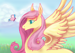 Size: 1616x1160 | Tagged: safe, artist:mechanicalmasochist, fluttershy, butterfly, g4, female, solo