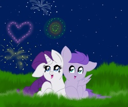 Size: 923x768 | Tagged: safe, artist:dewdrop-210, rarity, oc, oc:kydose, pegasus, pony, unicorn, g4, canon x oc, fireworks, grass, heart, love, night, raridose, shipping