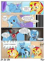 Size: 1200x1650 | Tagged: safe, artist:tikyotheenigma, sunset shimmer, trixie, pony, g4, magic duel, abuse, alicorn amulet, alternate universe, bipedal, bully, bullying, cape, clothes, comic, crying, hat, impact, revenge, this will end in tears