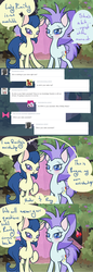 Size: 823x2388 | Tagged: safe, artist:otterlore, pinkie pie, powder rouge, roxie, roxie rave, g4, ask, assistants, comic, fabric, forest, implied rarity, spiderponyrarity, tree, tumblr