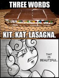 Size: 537x700 | Tagged: safe, sweetie belle, g4, dialogue, exploitable meme, image macro, kit kat, lasagna, m&m's, marshmallow, meme, that is beautiful