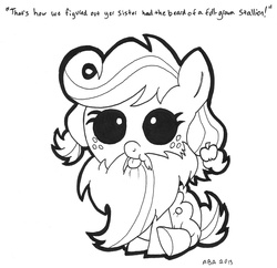 Size: 1032x1000 | Tagged: safe, artist:abronyaccount, applejack, earth pony, pony, g4, baby, baby pony, babyjack, beard, diaper, female, filly, foal, lineart, monochrome, sitting, solo