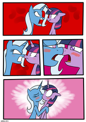 Size: 1400x2000 | Tagged: safe, artist:mofetafrombrooklyn, trixie, twilight sparkle, pony, unicorn, g4, comic, duo, female, kiss on the lips, kissing, lesbian, sarcasm, ship:twixie, shipping, surprise kiss, surprised, swipe