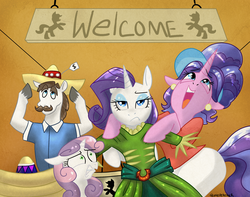 Size: 2000x1576 | Tagged: safe, artist:quinepeather, cookie crumbles, hondo flanks, rarity, sweetie belle, g4, clothes, dress, dressup, family, rarity's parents, ship:cookieflanks, shopping, sombrero, unamused