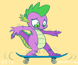 Size: 932x779 | Tagged: safe, artist:ponett, spike, dragon, g4, male, open mouth, skateboard, solo