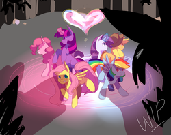 Size: 1280x1012 | Tagged: dead source, safe, artist:chiptoony, applejack, fluttershy, pinkie pie, rainbow dash, rarity, twilight sparkle, earth pony, pegasus, pony, unicorn, g4, female, mane six, mare, rearing, smiling