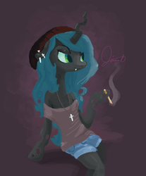 Size: 1518x1830 | Tagged: safe, alternate version, artist:twitchykismet, queen chrysalis, changeling, changeling queen, g4, cigarette, clothes, cross, female, hat, hipster, necklace, piercing, smoke, smoking, solo