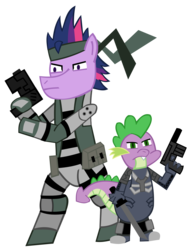 Size: 1081x1417 | Tagged: safe, artist:jewelsfriend, spike, twilight sparkle, dragon, pony, unicorn, g4, bandana, bipedal, clothes, crossover, duo, gun, konami, metal gear, no trigger discipline, raiden, simple background, sneaking suit, solid snake, solid sparkle, sword, transparent background, unicorn twilight