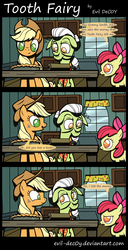 Size: 1450x2825 | Tagged: safe, artist:evil-dec0y, apple bloom, applejack, granny smith, earth pony, pony, g4, comic, female, filly, food, mare, no pupils, pie, tooth fairy