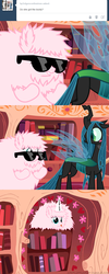 Size: 649x1624 | Tagged: safe, artist:mixermike622, queen chrysalis, oc, oc:fluffle puff, changeling, changeling queen, tumblr:ask fluffle puff, g4, blushing, bugbutt, butt, comic, dat ass, female, gangnam style, golden oaks library, plot, psy, sunglasses, tumblr