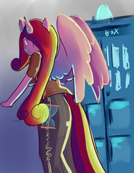 Size: 500x648 | Tagged: safe, artist:penlink, princess cadance, anthro, g4, 30 minute art challenge, female, looking at you, looking back, looking back at you, solo, swapped cutie marks, tardis, time lady, time lord