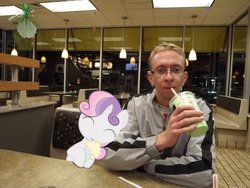 Size: 1024x768 | Tagged: safe, sweetie belle, human, g4, brony, glasses, irl, irl human, milkshake, photo, ponies in real life