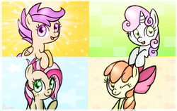 Size: 812x512 | Tagged: safe, artist:flarities, apple bloom, babs seed, scootaloo, sweetie belle, g4, cute, cutie mark crusaders