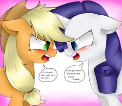 Size: 2656x2296 | Tagged: safe, artist:farfromserious, applejack, rarity, earth pony, pony, unicorn, g4, applejack's hat, blushing, cowboy hat, denial's not just a river in egypt, dialogue, female, floppy ears, freckles, hat, lesbian, looking at you, mare, open mouth, ship:rarijack, shipping, speech bubble, tsundere, tsunderity, tsunjack