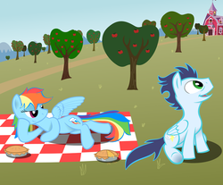 Size: 1024x849 | Tagged: safe, artist:rebron-y, rainbow dash, soarin', g4, female, male, picnic, ship:soarindash, shipping, straight, sweet apple acres