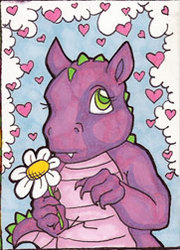 Size: 181x252 | Tagged: safe, artist:colormist, spike (g1), dragon, g1, 2007, fangs, flower, heart, male, picture for breezies, prismacolors, solo