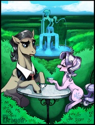 Size: 1800x2370 | Tagged: safe, artist:aspendragon, diamond tiara, filthy rich, earth pony, pony, g4, fountain, hooves, male, stallion, table, tea, unshorn fetlocks