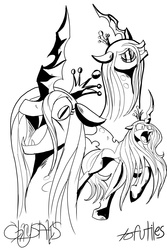 Size: 2400x3600 | Tagged: safe, artist:tofutiles, queen chrysalis, changeling, changeling queen, g4, female, monochrome