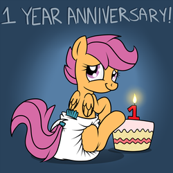 Size: 1050x1050 | Tagged: safe, artist:fillyscoots42, scootaloo, pegasus, pony, ask crinkleloo, g4, anniversary, cake, crinkleloo, cute, cutealoo, diaper, female, non-baby in diaper, poofy diaper, smiling, solo