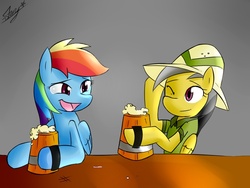 Size: 800x600 | Tagged: safe, artist:starykrow, daring do, rainbow dash, g4, cider, drinking, one eye closed, simple background, smiling