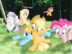 Size: 1024x768 | Tagged: safe, artist:nikorurene, applejack, fluttershy, pinkie pie, rainbow dash, scootaloo, sweetie belle, g4, featureless crotch, irl, photo, ponies in real life