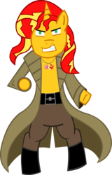 Size: 880x1375 | Tagged: safe, artist:jewelsfriend, sunset shimmer, pony, unicorn, g4, bipedal, clothes, crossover, female, konami, liquid shimmer, liquid snake, metal gear, ponified, solo, trenchcoat