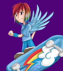Size: 1500x1700 | Tagged: safe, artist:poisonicpen, rainbow dash, human, g4, female, humanized, simple background, skateboard, solo, winged humanization