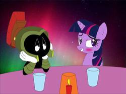 Size: 1026x770 | Tagged: safe, artist:dragonia24, twilight sparkle, g4, crack shipping, crossover, date, duo, female, male, marvin the martian, shipping, straight