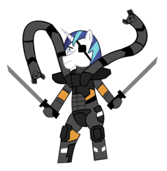 Size: 1679x1720 | Tagged: safe, artist:jewelsfriend, shining armor, pony, g4, bipedal, crossover, eyepatch, konami, male, metal gear, power-armour, solidus snake, solo, sword, tentacles