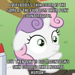 Size: 489x488 | Tagged: safe, edit, edited screencap, screencap, big macintosh, sweetie belle, equestria girls, g4, my little pony equestria girls, ponyville confidential, female, meme, solo, sudden clarity sweetie belle