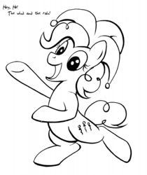 Size: 679x810 | Tagged: safe, artist:ambrosebuttercrust, pinkie pie, g4, female, jester, jester pie, lyrics, monochrome, singing, solo