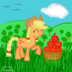 Size: 512x512 | Tagged: safe, artist:merrie162, applejack, g4, alternate hairstyle, apple, basket, braid, bushel basket, eyes closed, female, grass, happy, raised hoof, solo